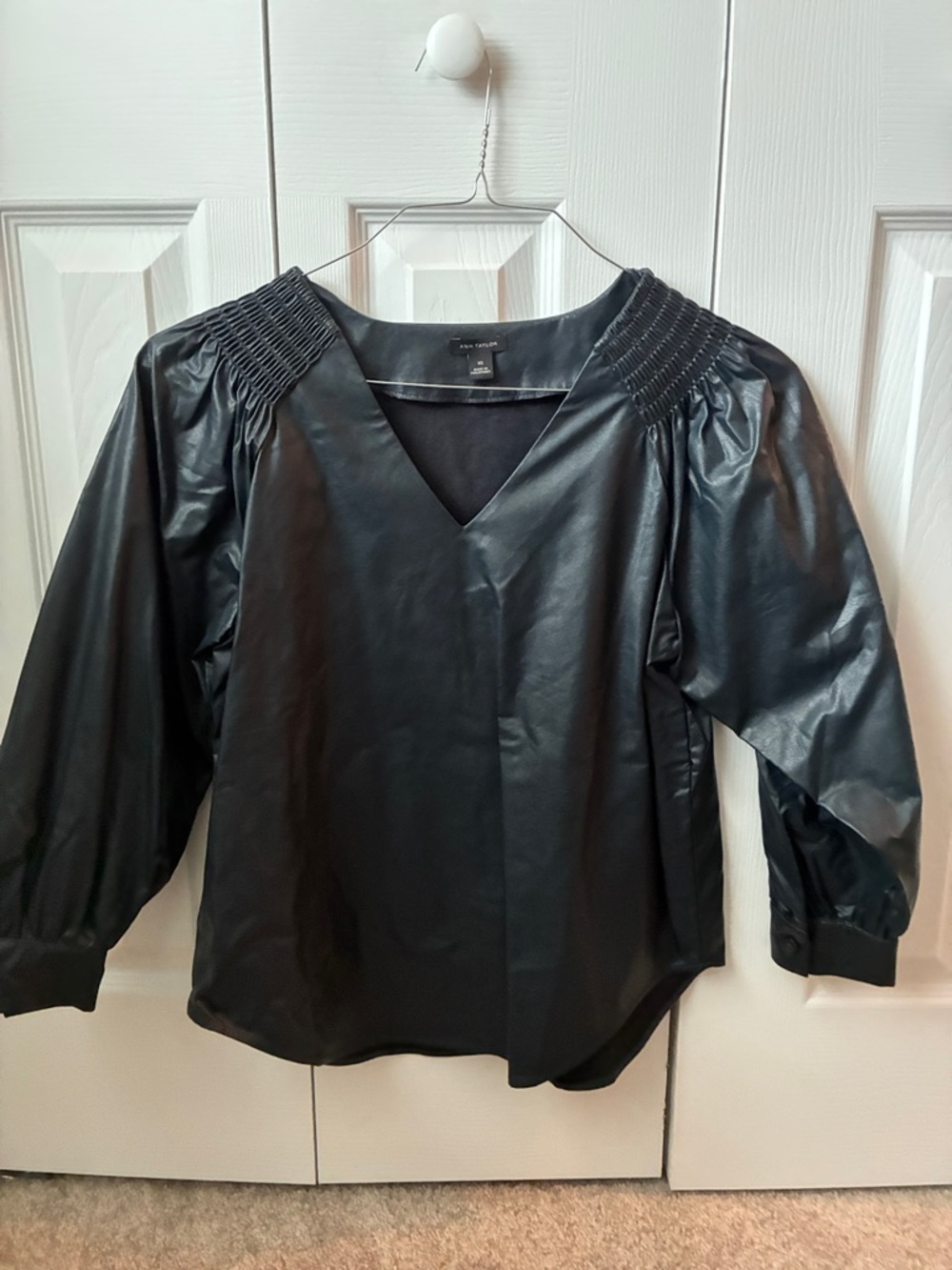 Ann Taylor Black Faux Leather Top with Label Detail